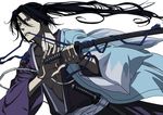  black_hair hakuouki_shinsengumi_kitan hijikata_toshizou_(hakuouki) kyouka0001 long_hair male_focus mouth_hold simple_background solo sword weapon 