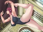  armpits bracelet breasts chandelier cleavage collarbone dutch_angle flexible game_cg hair_ornament hair_up hairpin jewelry large_breasts leg_lift leg_up legs leotard lips lipstick looking_back makeup mamiya_marie mole mole_under_eye necklace outstretched_arms pantyhose plantar_flexion red_hair ring sei_shoujo soles solo split standing standing_on_one_leg standing_split starless stretch thick_thighs thighs thong_leotard window yellow_eyes 