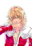  aqua_eyes barnaby_brooks_jr blonde_hair glasses jacket jewelry male_focus mitsuka-0721 necklace red_jacket simple_background solo sweat tiger_&amp;_bunny white_background wiping_sweat 
