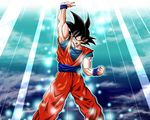  abu_zero arm_up black_eyes black_hair clenched_hand dragon_ball dragon_ball_z highres male_focus muscle open_mouth solo son_gokuu spiked_hair wristband 