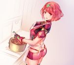  anbe_yoshirou apron ass bangs breasts cooking covered_navel earrings fingerless_gloves gloves headpiece highres hips homura_(xenoblade_2) jewelry large_breasts nintendo red_eyes red_hair red_shorts short_hair shorts shoulder_armor swept_bangs thick_thighs thighs tiara wide_hips xenoblade_(series) xenoblade_2 