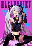  arm_warmers armlet bad_id bad_pixiv_id bare_shoulders blue_eyes boots detached_collar fang grey_hair hagane_miku hagane_vocaloid headset high_heels highres jewelry kurono_yuu long_hair microphone microphone_stand nail_polish navel no_pants panties ring scar shoes side-tie_panties signature solo spray_paint thigh_boots thighhighs tongue twintails underwear very_long_hair vocaloid 