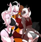  2019 absurd_res anthro black_sclera blush bra breasts brown_hair butt canid canine clothing cute_fangs eyes_closed felid feline female female/female fluffy fluffy_tail fox fulvus fur grey_fur grope group hair hand_on_breast hi_res horn kissing mammal orange_fur panties purple_eyes red_eyes sagestrike2_(artist) spade_tail standing succubus tongue tongue_out underwear white_fur white_hair 