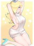  1girl absurdres aran_sweater armpits ass backless_dress backless_outfit bare_back bare_shoulders blonde_hair blue_eyes breasts butt_crack dimples_of_venus downpants dress hair_over_one_eye high_heels highres long_hair mario_(series) meme_attire naked_sweater nintendo ribbed_sweater rosetta_(mario) sarukaiwolf sideboob simple_background smile solo super_mario_bros. super_smash_bros. super_smash_bros._ultimate sweater sweater_dress turtleneck turtleneck_sweater virgin_killer_sweater 