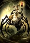  arachne blonde_hair breasts copyright_request elbow_gloves extra_eyes genzoman gloves groin insect_girl jewelry large_breasts long_hair monster_girl necklace red_eyes signature skull smile solo spider_girl staff very_long_hair witch 