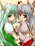  blush ex-keine fujiwara_no_mokou green_hair hair_ribbon horns ifuji_sakura kamishirasawa_keine multiple_girls red_eyes ribbon silver_hair touhou 