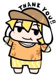  1girl :t animal_ears bangs barefoot black_eyes blonde_hair blush brown_hat bunny_ears chibi commentary_request eyebrows_visible_through_hair flat_cap full_body hair_between_eyes hat highres jitome looking_at_viewer orange_shirt outstretched_arms rihito_(usazukin) ringo_(touhou) shirt short_hair shorts simple_background smile solo thank_you touhou white_background yellow_shorts 