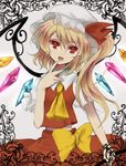  1girl blonde_hair female flandre_scarlet hat open_mouth ponytail red_eyes short_hair side_ponytail smile solo tarota_(mayaaa) the_embodiment_of_scarlet_devil touhou wings 