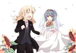  blonde_hair blue_hair bouquet braid closed_eyes dress flower formal furutani_himawari hair_flower hair_ornament holding_hands multiple_girls oomuro_sakurako pant_suit petals suit sunflower tomaden tuxedo twin_braids veil wedding_dress wife_and_wife yellow_eyes yuri yuru_yuri 