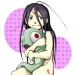  1boy androgynous black_hair envy_(fma) fullmetal_alchemist holding homunculus long_hair lowres male male_focus monster nude ouroboros pale_skin purple_eyes slit_pupils smile stuffed_animal stuffed_toy tattoo 