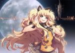  1girl animal_ears blonde_hair blue_eyes karpin long_hair microphone moon night night_sky open_mouth seeu skirt sky smile solo studio_microphone symbol-shaped_pupils thighhighs vocaloid 