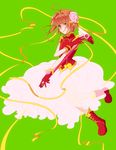  aji_nashi_(dress) boots brown_hair cardcaptor_sakura chinese_clothes dress flower full_body fuuin_no_tsue gloves green_background green_eyes hair_flower hair_ornament holding kinomoto_sakura looking_at_viewer magical_girl red_gloves ribbon see-through short_hair simple_background skirt sleeveless smile solo wand 