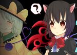  :q animal_ears asymmetrical_wings bad_id bad_pixiv_id black_hair bun_no_ji cat_ears green_hair hat heart heart_of_string houjuu_nue kemonomimi_mode komeiji_koishi multiple_girls red_eyes smile tongue tongue_out touhou wings 