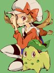  1girl bow brown_hair chikorita green_theme grin hat hat_bow hat_ribbon holding holding_poke_ball kneeling looking_at_viewer lyra_(pokemon) poke_ball poke_ball_(basic) pokemon pokemon_(creature) pokemon_hgss red_eyes red_ribbon ribbon shinoasa simple_background smile thighhighs twintails white_legwear 