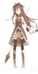  bare_shoulders boots detached_sleeves full_body gloves holding_hands long_hair magical_girl mahou_shoujo_madoka_magica out_of_frame polearm ponytail red_hair sakura_kyouko simple_background solo_focus spear standing thighhighs weapon white_gloves yellow_eyes yuzi_0116 zettai_ryouiki 