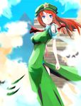  blood blue_eyes braid breasts china_dress chinese_clothes cuts dress hat hong_meiling injury large_breasts long_hair red_hair solo standing star tatwuku touhou twin_braids 