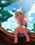  :d bare_legs barefoot blue_eyes blue_hair bow cirno hair_bow ice ice_wings in_tree nature niiya open_mouth short_hair sitting sitting_in_tree smile solo toes touhou tree wings 