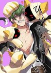  1boy animal_ears arc_system_works blazblue cat_ears cat_tail green_hair hazama highres male multiple_girls red_eyes sad saliva simple_background tail taokaka tears unhappy yellow_eyes yuuki_terumi 