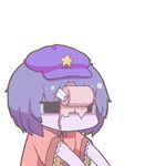  beret black_eyes blue_hair chibi depressed hat inishie jiangshi jitome miyako_yoshika ofuda outstretched_arms purple_hair shaded_face shirt short_hair simple_background solo star toilet_paper touhou white white_background zombie_pose 