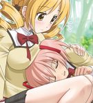  bare_legs blonde_hair blush breast_rest breasts breasts_on_head closed_eyes cropped drill_hair hand_on_shoulder kami_ryuoo kaname_madoka lap_pillow mahou_shoujo_madoka_magica medium_breasts multiple_girls no_legwear pink_hair school_uniform smile tomoe_mami tree twin_drills twintails yellow_eyes yuri 