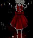  ascot aymmogh bad_id bad_pixiv_id barefoot black blood blood_on_face blood_splatter bloody_clothes dark eyes flandre_scarlet frilled_skirt frills head_out_of_frame injury laevatein signature skirt skirt_set solo standing touhou wings 