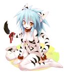  animal_ears bandages barefoot blue_hair cat_ears collar fang fur furry fuurin_rei long_hair mizuki_kotora navel open_mouth original ribbon sitting solo striped wariza wrist_cuffs yellow_eyes 