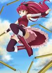  armpits bare_shoulders black_legwear boots breasts cap_(dkdm-d) chain cloud day frills from_below grin hair_ribbon long_hair magical_girl mahou_shoujo_madoka_magica medium_breasts pleated_skirt polearm ponytail red_eyes red_hair ribbon sakura_kyouko skirt smile solo spear thighhighs weapon 