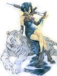  assault_rifle black_eyes blue_hair boots breasts crossed_legs detached_sleeves dress full_metal_panic! g36 gun issun_boushi_(ilmtkimoti) medium_breasts melissa_mao over_shoulder rifle short_hair sitting solo tiger traditional_media weapon weapon_over_shoulder white_tiger 