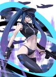  aircraft airplane assault_rifle bad_anatomy blue_eyes blue_hair crop_top dual_wielding fingerless_gloves gloves gun hat hatsune_miku highres holding long_hair maron-san midriff navel necktie panties peaked_cap rifle solo thighhighs twintails underwear very_long_hair vocaloid weapon 