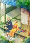  1girl barefoot blonde_hair candy_apple food highres huang_baoling ivan_karelin japanese_clothes laughing purple_eyes short_hair shuriken summer tiger_&amp;_bunny zyoniy 