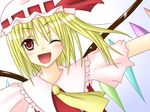  blonde_hair flandre_scarlet hanazome_dotera hat one_eye_closed red_eyes side_ponytail solo touhou wings 