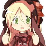  blonde_hair female green_eyes kamikaxy lolita_fashion long_hair lowres mahou_shoujo_madoka_magica middle_finger open_mouth original parody smile solo style_parody 