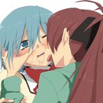  blue_hair hair_ornament licking long_hair lowres mahou_shoujo_madoka_magica miki_sayaka multiple_girls ponytail red_hair sakura_kyouko saliva serohan short_hair tears tongue wince yuri 