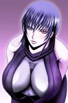  bare_shoulders blue_eyes blush breasts highres huge_breasts lips looking_at_viewer purple_hair red_eyes samurai_spirits shiki_(samurai_spirits) solo tattoo very_short_hair 