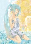  aqua_hair bad_id bad_pixiv_id closed_eyes dress hair_ribbon hairband hand_on_own_chest hatsune_miku lamchun_(2006) long_hair open_mouth ribbon seiza sitting solo twintails very_long_hair vocaloid 