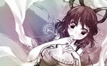  :&lt; akao blush breast_press breasts dutch_angle frills gradient hair_ornament hair_rings hair_stick hand_to_own_mouth kaku_seiga large_breasts looking_at_viewer monochrome puffy_sleeves sepia shawl short_hair short_sleeves solo touhou 