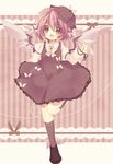  animal_ears dress full_body hat heart kneehighs lace_background mystia_lorelei nochita_shin open_mouth pinafore_dress pink_eyes pink_hair short_hair smile solo standing standing_on_one_leg striped striped_background touhou wings 