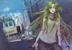  1girl bag bicycle blonde_hair car city clothes_grab cloud floating_hair green_eyes green_hair ground_vehicle higurashi_no_naku_koro_ni houjou_satoshi kazuaki long_hair looking_back meakashi-hen motor_vehicle non-web_source outdoors shirt sitting skirt sky sleeveless sonozaki_shion waving white_shirt 