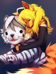  anthro blonde_hair calaystia canine clothed clothing eyes_closed falvie feline female fox hair headdress holding hug pawpads plushie simple_background standing stripes tail tiger 