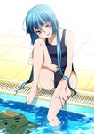  :p barefoot blue_hair box drain_(object) feet highres leg_hug long_hair naughty_face one-piece_swimsuit original pool poolside purple_eyes school_swimsuit sitting soaking_feet solo swimsuit tongue tongue_out water wet yodobashi_yuo 