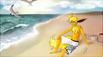  beach bird blonde_hair blue_eyes clothed clothing eeveelution flareon hair half-dressed male nintendo nipples pok&#233;mon pok&eacute;mon seaside swimming_trunks swimsuit tail thezules topless video_games 