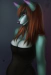  anthro canine cleavage clothed clothing crecia dress female hair mammal porin red_hair simple_background solo standing wolf 