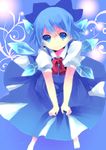  bad_id bad_pixiv_id barefoot blue_eyes blue_hair bow cirno dress hair_bow highres mihatarou skirt_hold smile solo touhou wings 