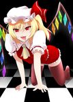  all_fours ascot blonde_hair brown_legwear flandre_scarlet mattari_yufi naughty_face red_eyes shirt side_ponytail skirt skirt_set slit_pupils smirk solo thighhighs tile_floor tiles tongue tongue_out touhou wings zettai_ryouiki 