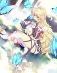  ahoge blonde_hair boots bow brown_eyes bug butterfly crossed_legs ekoo full_body gloves insect long_hair milla_maxwell reflection ribbon sitting skirt smile solo strapless tales_of_(series) tales_of_xillia tubetop 