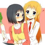  apron bad_id bad_pixiv_id black_eyes black_hair blue_eyes blush daikon heart hug knife labcoat long_hair multiple_girls nichijou older orange_(bibiko) orange_hair professor_shinonome shinonome_nano short_hair yuri 