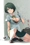  :o bandages blood bow bra breasts bursting_breasts cleavage gloves green_eyes knife large_breasts lena_(zoal) lingerie loafers one_knee panties pleated_skirt reverse_grip shirt shoes short_hair skirt solo squatting sword_girls taut_clothes taut_shirt underwear upskirt 