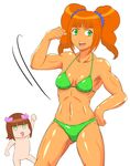  absurdres bikini bow bows brown_hair flex flexing green_eyes highres idolmaster muscle muscular_female navel nonowa open_mouth orange_hair pose sweat swimsuit takatsuki_yayoi tan twintails 