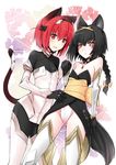  animal_ears bare_shoulders black_hair blush bodysuit bow braid breasts cat_ears cat_tail cleavage elbow_gloves facial_mark fox_ears fox_tail fundoshi gloves hair_bow hairband holding_hands japanese_clothes kamoto_tatsuya long_hair looking_at_viewer multiple_girls obi original red_eyes red_hair sash short_hair single_braid small_breasts tail thighhighs yellow_eyes 