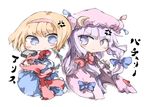  alice_margatroid anger_vein blonde_hair blue_dress blue_eyes blush_stickers book capelet chibi crescent dress hair_ribbon hairband hat kotatu_(akaki01aoki00) long_hair multiple_girls patchouli_knowledge pink_dress purple_eyes purple_hair ribbon sash short_hair touhou translated 